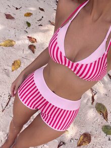 Swim Vcay Women's Summer Beach Vacations Sexy Pink Striped Print Halter-Neck 2-In-1 Bikini Set ,Layered Two Pieces Beachwear - Pink - View 6
