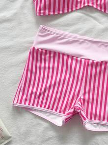 Swim Vcay Women's Summer Beach Vacations Sexy Pink Striped Print Halter-Neck 2-In-1 Bikini Set ,Layered Two Pieces Beachwear - Pink - View 5