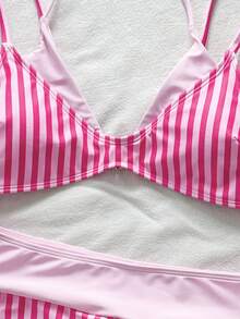 Swim Vcay Women's Summer Beach Vacations Sexy Pink Striped Print Halter-Neck 2-In-1 Bikini Set ,Layered Two Pieces Beachwear - Pink - View 8