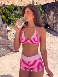 Swim Vcay Women's Summer Beach Vacations Sexy Pink Striped Print Halter-Neck 2-In-1 Bikini Set ,Layered Two Pieces Beachwear - Pink - View 7