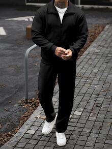 Manfinity Homme 男士純色拉鍊長袖夾克與長褲休閒日常套裝 - 黑色 - 查看 8
