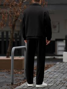 Manfinity Homme 男士純色拉鍊長袖夾克與長褲休閒日常套裝 - 黑色 - 查看 2
