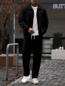 Manfinity Homme 男士純色拉鍊長袖夾克與長褲休閒日常套裝 - 黑色 - 查看 4