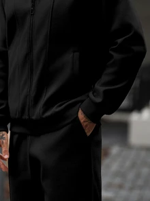 Manfinity Homme 男士純色拉鍊長袖夾克與長褲休閒日常套裝 - 黑色 - 查看 7