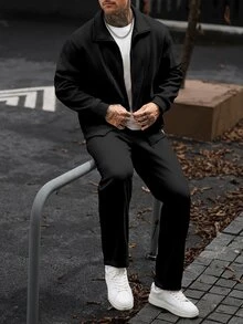 Manfinity Homme 男士純色拉鍊長袖夾克與長褲休閒日常套裝 - 黑色 - 查看 6