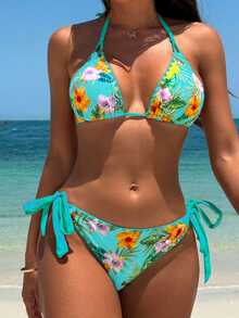 SHEIN Swim Women's Floral Print Halter Tie Sexy Bikini Set For Summer Beach - Multicolor - View 3