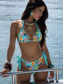 SHEIN Swim Women's Floral Print Halter Tie Sexy Bikini Set For Summer Beach - Multicolor - View 1