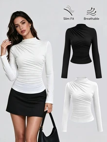 Sweetra Women's Plain Minimalist Casual Y2K Sexy Mock Neck Ruched Long Sleeve T-Shirt Fall Cloth For Women - Multicolor - View 1