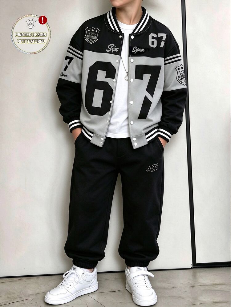 Tween Boys Baseball Jacket Street Sporty Preppy Baggy Black Grey Number Badge Print Button Up Long Sleeve Loose Autumn Back To School Graduation - Multicolor - View 1