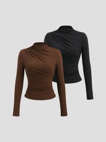 Sweetra Y2K Style Pleated High Neck Long Sleeve T-Shirt, Sexy & Fashionable For Casual Everyday Wear Fall Cloth For Women - Multicolor - View 7