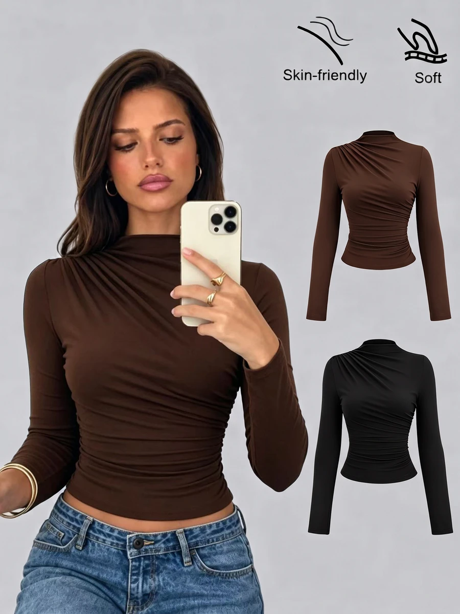 Sweetra Y2K Style Pleated High Neck Long Sleeve T-Shirt, Sexy & Fashionable For Casual Everyday Wear Fall Cloth For Women - Multicolor - View 1