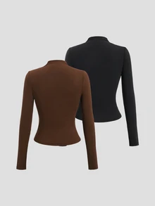 Sweetra Y2K Style Pleated High Neck Long Sleeve T-Shirt, Sexy & Fashionable For Casual Everyday Wear Fall Cloth For Women - Multicolor - View 2
