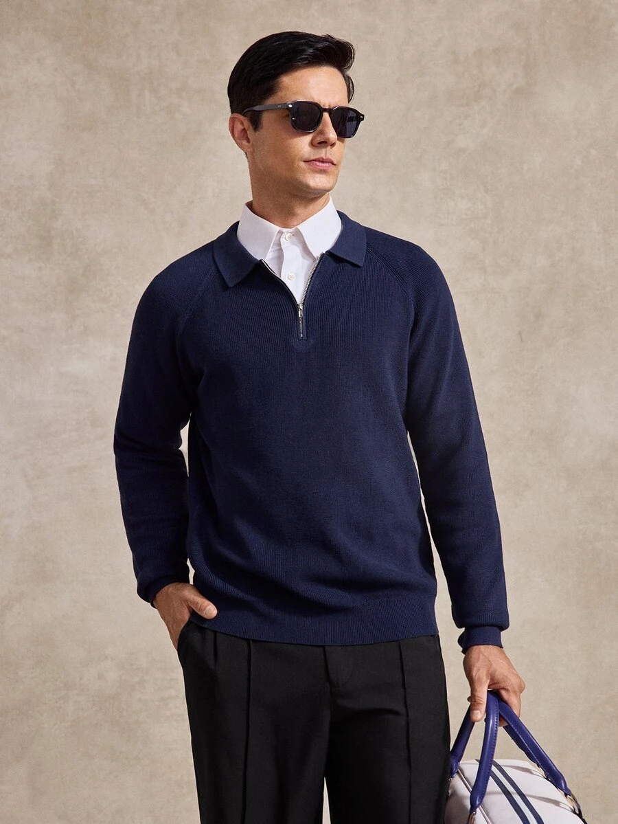 Courvante Men's Blue Autumn Casual Basic Smart Casual Smart Office Solid Color Minimalist Zip-Up Long Sleeve Cashmere Sweater Buttoned Knitted Polo Neck Fall - Multicolor - View 1