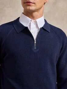 Courvante Men's Blue Autumn Casual Basic Smart Casual Smart Office Solid Color Minimalist Zip-Up Long Sleeve Cashmere Sweater Buttoned Knitted Polo Neck Fall - Multicolor - View 6