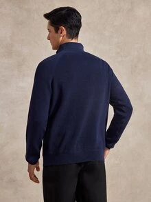 Courvante Men's Blue Autumn Casual Basic Smart Casual Smart Office Solid Color Minimalist Zip-Up Long Sleeve Cashmere Sweater Buttoned Knitted Polo Neck Fall - Multicolor - View 3