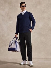 Courvante Men's Blue Autumn Casual Basic Smart Casual Smart Office Solid Color Minimalist Zip-Up Long Sleeve Cashmere Sweater Buttoned Knitted Polo Neck Fall - Multicolor - View 2