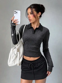 StreetHx Women's Fall Sports Polo Shirt, Striped Fabric, Loose Fit, Color Block, Polo Collar Buttons, Long Sleeve, Side Ruched Waist, Casual Modest - Multicolor - View 1