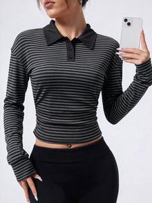 StreetHx Women's Fall Sports Polo Shirt, Striped Fabric, Loose Fit, Color Block, Polo Collar Buttons, Long Sleeve, Side Ruched Waist, Casual Modest - Multicolor - View 3