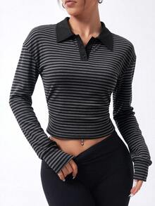 StreetHx Women's Fall Sports Polo Shirt, Striped Fabric, Loose Fit, Color Block, Polo Collar Buttons, Long Sleeve, Side Ruched Waist, Casual Modest - Multicolor - View 6