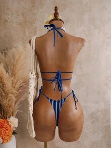 Swim SXY Swim Glamine-D Women's Jacquard Fabric Halter Tie Swimwear Set, Spring/Summer - Blue and White - View 2