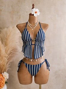 Swim SXY Swim Glamine-D Women's Jacquard Fabric Halter Tie Swimwear Set, Spring/Summer - Blue and White - View 3