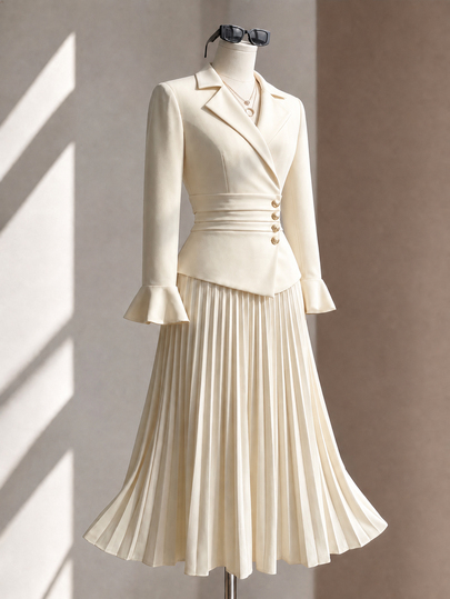 Fine & Folde Autumn Elegant Women's Suit Set, Blazer With Lapel, Flared Sleeves, Metal Buttons, Pleated Long Skirt, Apricot Color, Elegant And Romantic