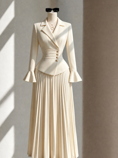 Fine & Folde Autumn Elegant Women's Suit Set, Blazer With Lapel, Flared Sleeves, Metal Buttons, Pleated Long Skirt, Apricot Color, Elegant And Romantic