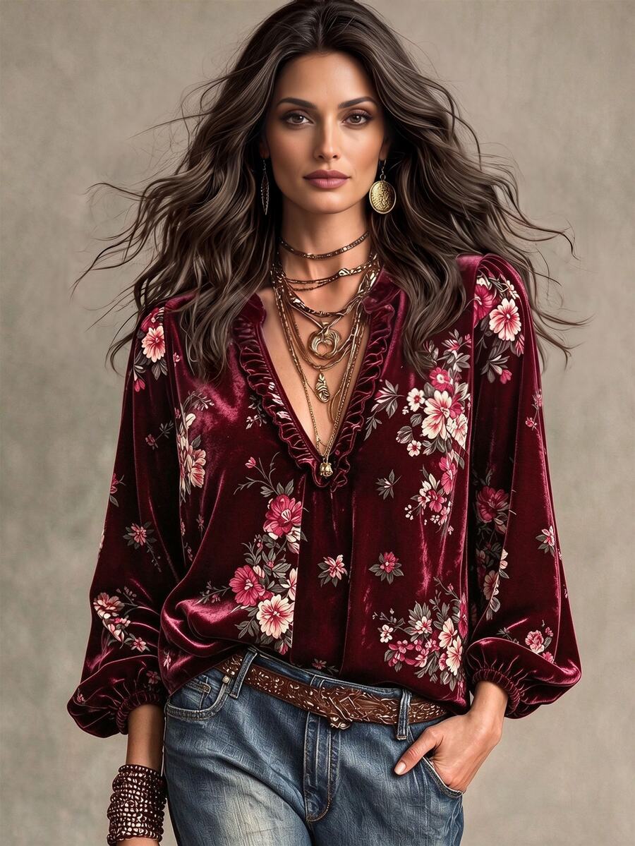 Linhara CURVE Plus Size Lady's Velvet Casual Printed Shirt Fall - Burgundy - View 1