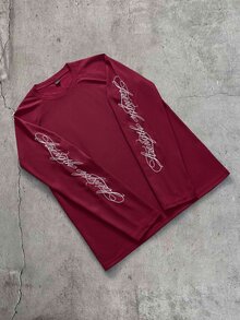 AXEPEAK 男士休閒度假簡約刺繡帥氣百搭圓領長袖套頭T恤 - 酒紅色 - 查看 6