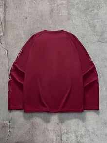 AXEPEAK 男士休閒度假簡約刺繡帥氣百搭圓領長袖套頭T恤 - 酒紅色 - 查看 4