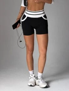 Slayform Seamless Knit Contrast Color Pocket Sports Baggy Loose Shorts Gym Black Fall - Black - View 7