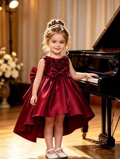 SHEIN Glamorique Kids Baby Girl Princess Dress, Burgundy Satin Texture Fabric, 3D Rose, Back Big Bow, Sleeveless, Christmas Children, New Year Dress, Birthday Party, Wedding Holiday Formal Dress