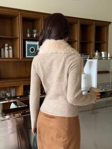 Aloruh Women's Autumn/Winter Warm Comfortable Versatile Khaki Color Sweater With Fur Collar Patchwork Long Sleeve Pullover Knit Top - Khaki - View 2