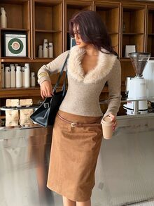 Aloruh Women's Autumn/Winter Warm Comfortable Versatile Khaki Color Sweater With Fur Collar Patchwork Long Sleeve Pullover Knit Top - Khaki - View 5