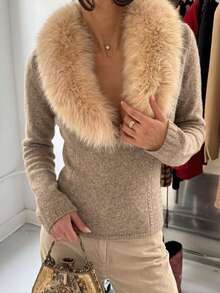 Aloruh Women's Autumn/Winter Warm Comfortable Versatile Khaki Color Sweater With Fur Collar Patchwork Long Sleeve Pullover Knit Top - Khaki - View 3