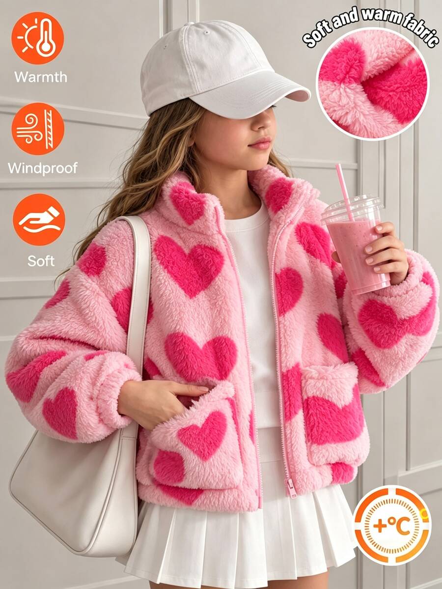 Jaket Kardigan Lembut Berbahan Plush Dua Sisi Motif Hati Merah Muda untuk Anak Perempuan Remaja, dengan Dua Saku 3D di Bagian Depan, Longgar dan Nyaman, Cocok untuk Musim Semi, Musim Panas, Musim Gugur, Perjalanan Sehari-hari, Bermain di Luar Ruangan, Piknik, Berkumpul, dan Fotografi