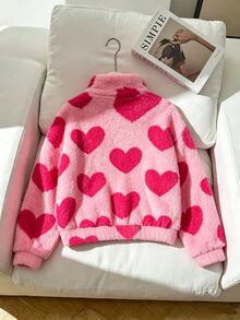Jaket Kardigan Lembut Berbahan Plush Dua Sisi Motif Hati Merah Muda untuk Anak Perempuan Remaja, dengan Dua Saku 3D di Bagian Depan, Longgar dan Nyaman, Cocok untuk Musim Semi, Musim Panas, Musim Gugur, Perjalanan Sehari-hari, Bermain di Luar Ruangan, Piknik, Berkumpul, dan Fotografi - Berwarna merah muda - View 5