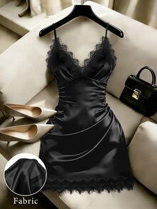 SHEIN Franclia Vestido elegante de unicolor con tirantes de encaje para mujer, diseño sexy con escote bajo y cintura plisada, vestido de verano, ropa de verano, vestido de vacaciones, vestido elegante para fiesta, vestido de invitada para mujer, vestido de graduación, vestido elegante, vestido casual, vestido formal para mujer, ropa de oficina para mujer, vestido negro - Negro - Ver 1