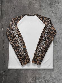 AXEPEAK Men's Leopard Print Patchwork Letter Embroidery T-Shirt - White - View 3