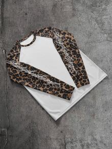 AXEPEAK Men's Leopard Print Patchwork Letter Embroidery T-Shirt - White - View 7