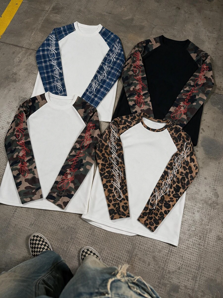 AXEPEAK Men's Leopard Print Patchwork Letter Embroidery T-Shirt - White - View 1