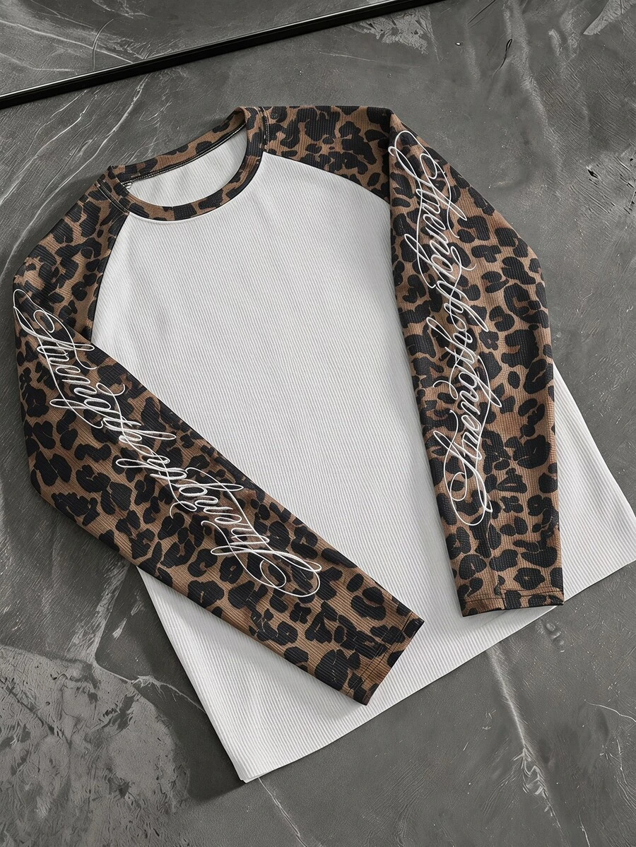 AXEPEAK Men's Leopard Print Patchwork Letter Embroidery T-Shirt - White - View 1