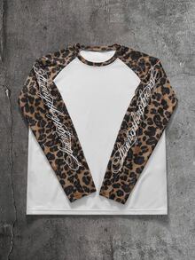 AXEPEAK Men's Leopard Print Patchwork Letter Embroidery T-Shirt - White - View 2