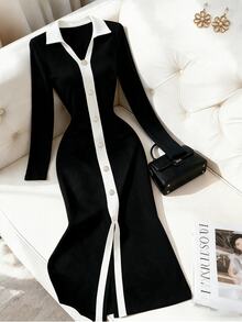 SHEIN Franclia Women's Autumn/Winter Commute Elegant Slim Fit Long Sleeve Colorblock Button Decor V-Neck Long Dress - Black and White - View 1