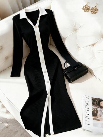 SHEIN Franclia Women's Autumn/Winter Commute Elegant Slim Fit Long Sleeve Colorblock Button Decor V-Neck Long Dress