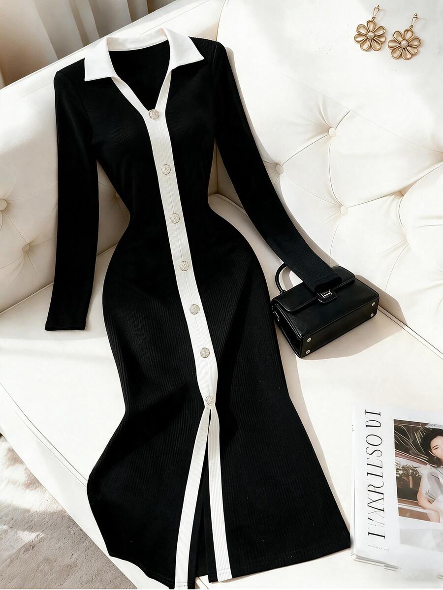 SHEIN Franclia Women's Autumn/Winter Commute Elegant Slim Fit Long Sleeve Colorblock Button Decor V-Neck Long Dress - Black and White - View 1