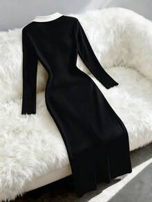 SHEIN Franclia Women's Autumn/Winter Commute Elegant Slim Fit Long Sleeve Colorblock Button Decor V-Neck Long Dress - Black and White - View 2
