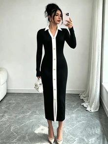 SHEIN Franclia Women's Autumn/Winter Commute Elegant Slim Fit Long Sleeve Colorblock Button Decor V-Neck Long Dress - Black and White - View 8