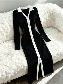 SHEIN Franclia Women's Autumn/Winter Commute Elegant Slim Fit Long Sleeve Colorblock Button Decor V-Neck Long Dress - Black and White - View 5