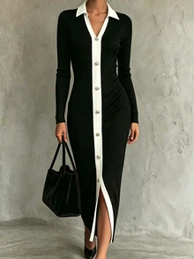 SHEIN Franclia Women's Autumn/Winter Commute Elegant Slim Fit Long Sleeve Colorblock Button Decor V-Neck Long Dress - Black and White - View 6